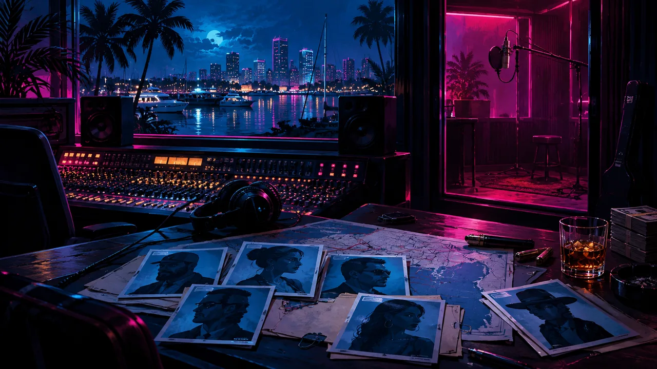 AI illustration: A recording studio mixing desk with dossier cards and an empty microphone booth.